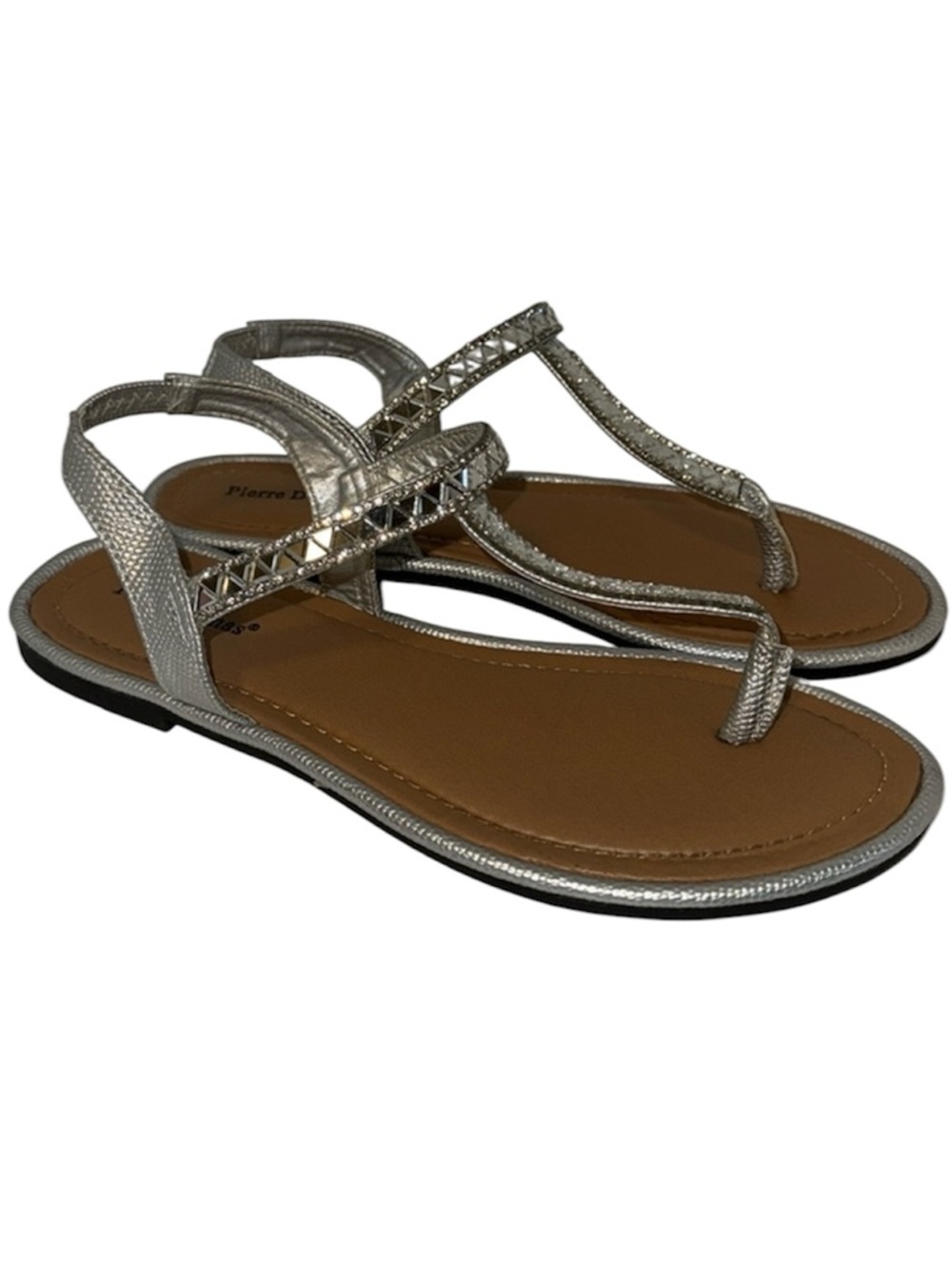Pierre Dumas Silver T-Strap Sandals w Rhinestones Women’s Size 6